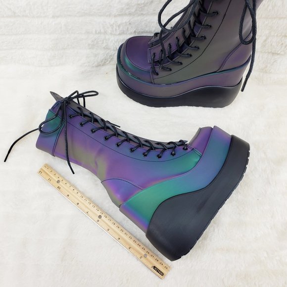 Void Purple Green Reflective Platform Wedge Mid Calf Goth Festival Boots NEW - Picture 8 of 17